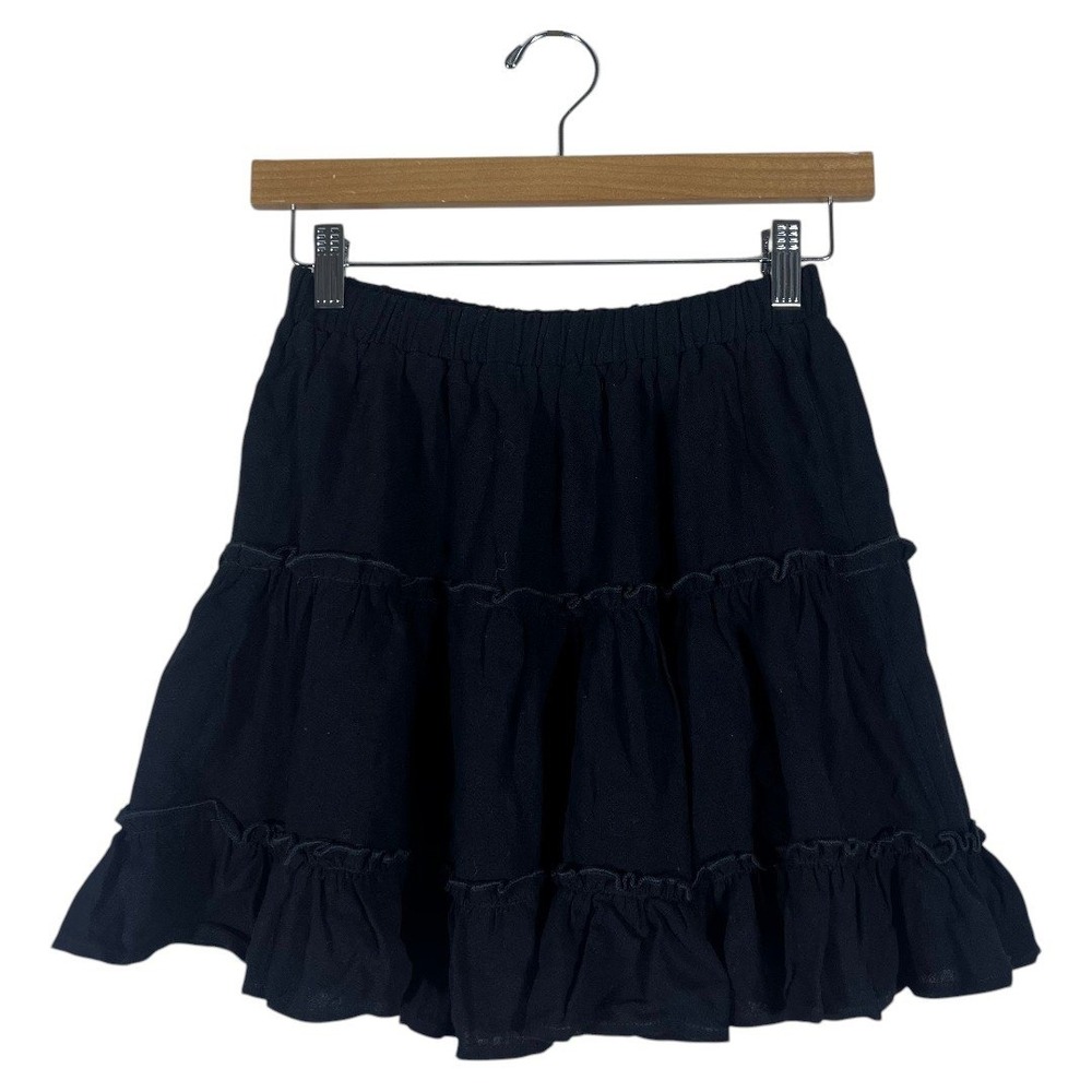 NWT Olive Scent Tiered Ruffle Mini Skirt Solid Black Boho Cottagecore Size M